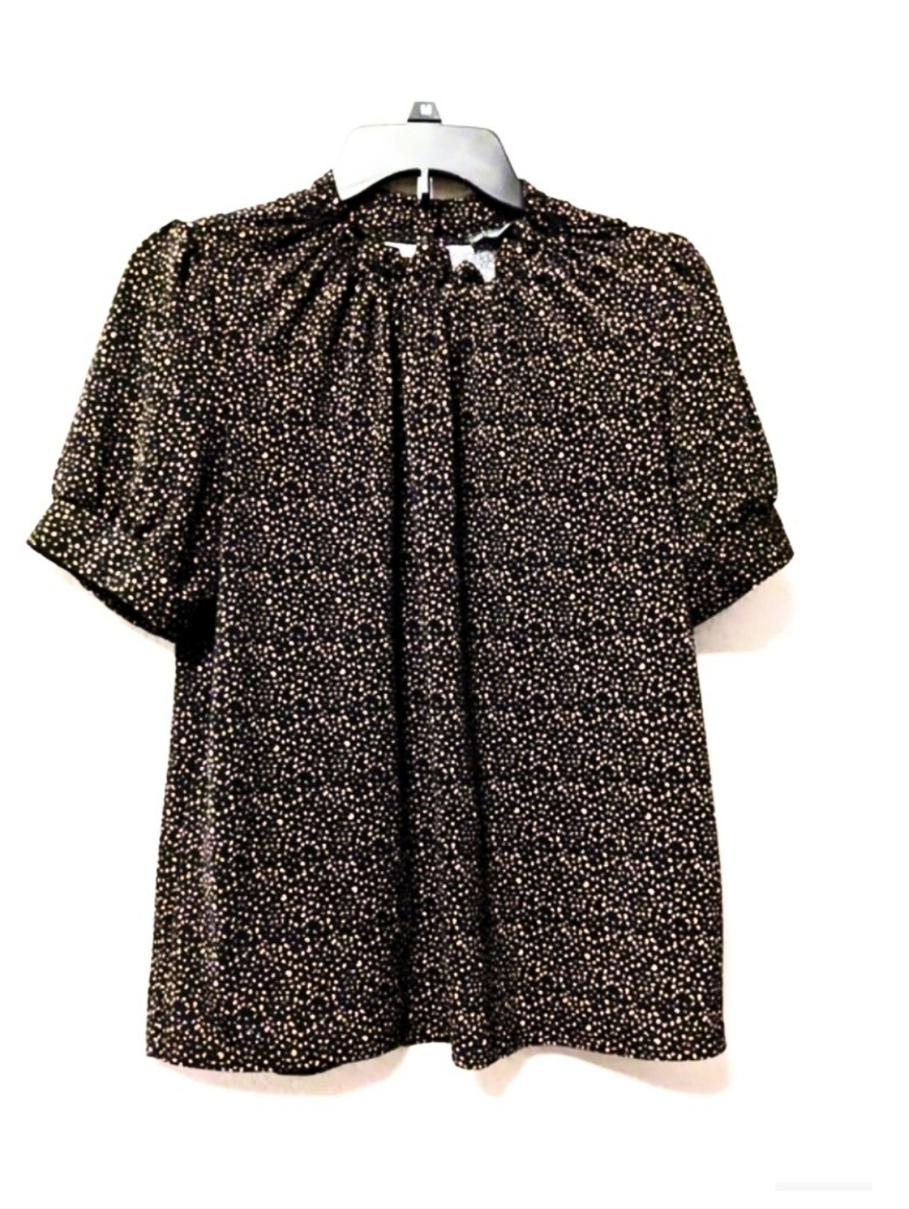 Adrianna Papell Black W/ Lavendar Speckle Print Blouse High Neck Puff Sleeves M